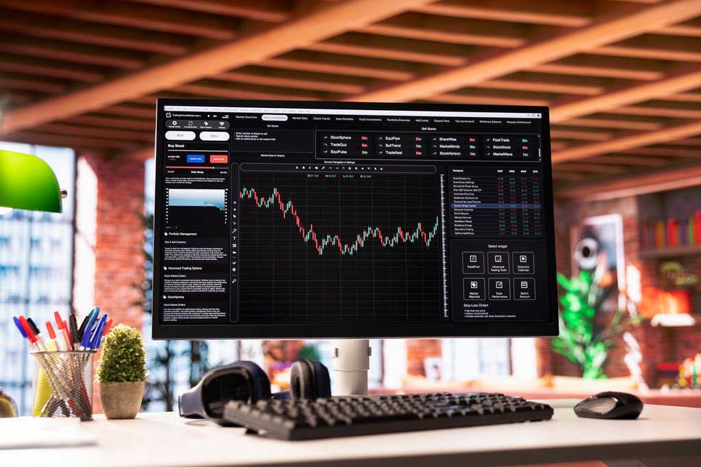 Software pc screen used analyzing cryptocurrency investment purchases